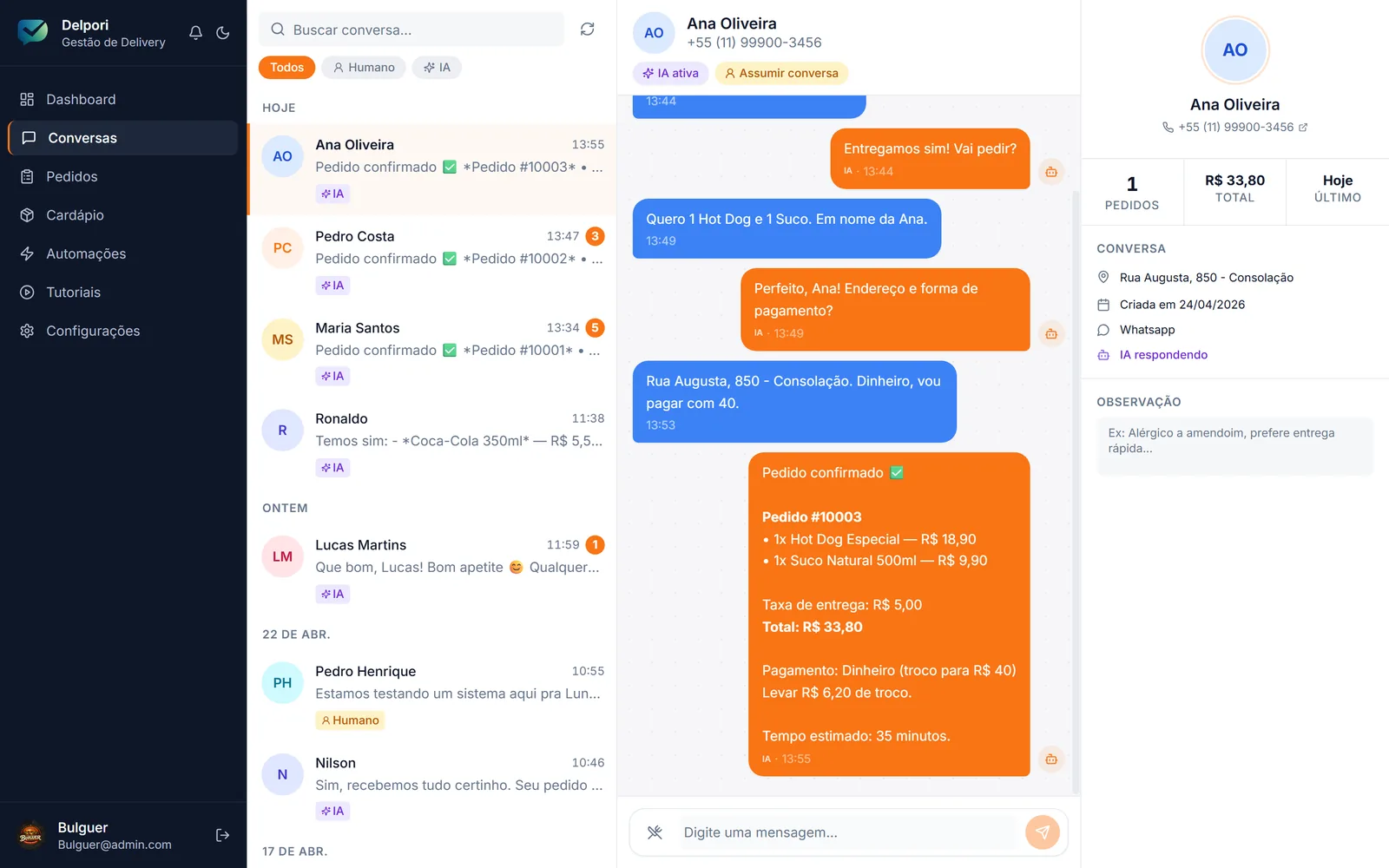 Painel de conversas do Delpori com IA respondendo cliente no WhatsApp