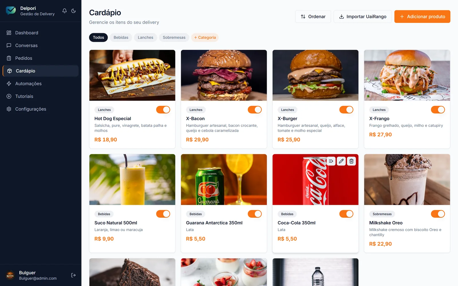Gestão de cardápio do Delpori com grid de produtos, fotos e toggles